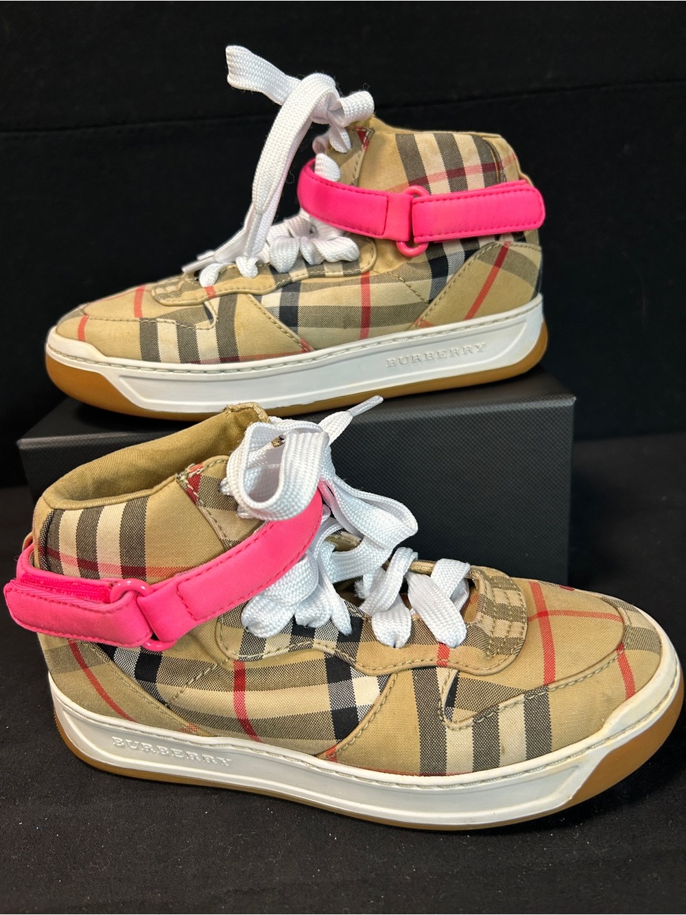 Burberry Tan Nova Check High-Top Sneakers with Pink Strap